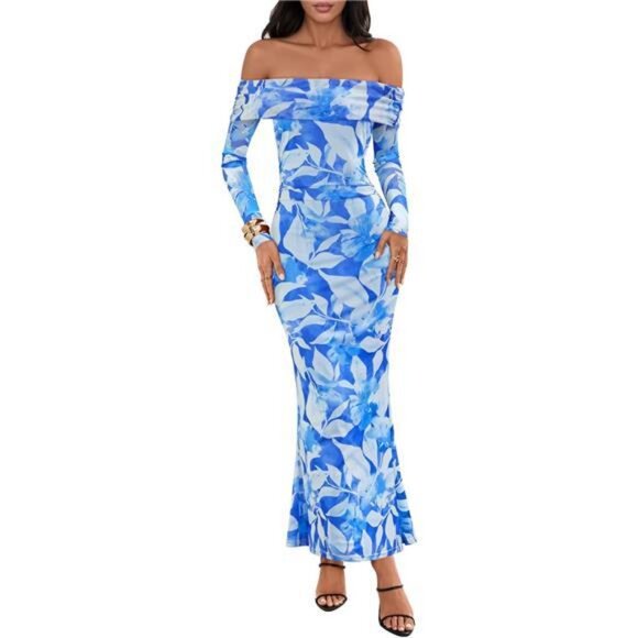 Women's Off Shoulder Floral Maxi Dress Formal Blue - Picture 1 of 6